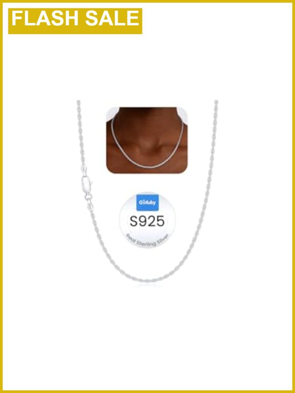 925 Sterling Silver Rope Chain Necklace for Women, Lobster Clasp, 16-26 Inch